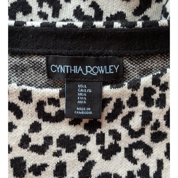 Cynthia Rowley Sweater Large Black Taupe Leopard Print Crew Neck 3/4 Sleeve Soft - Picture 9 of 10